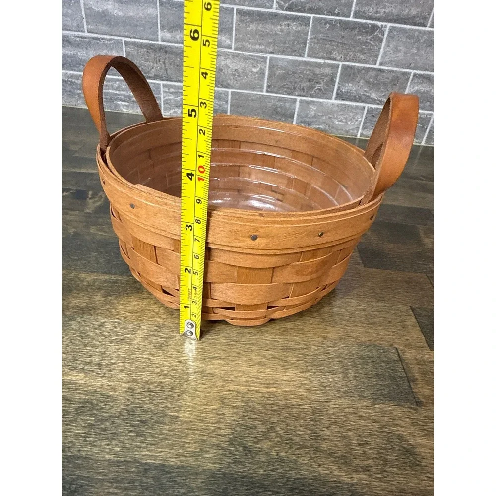 Longaberger 1991 Handwoven Round Basket with Leather Handles and Plastic Liner